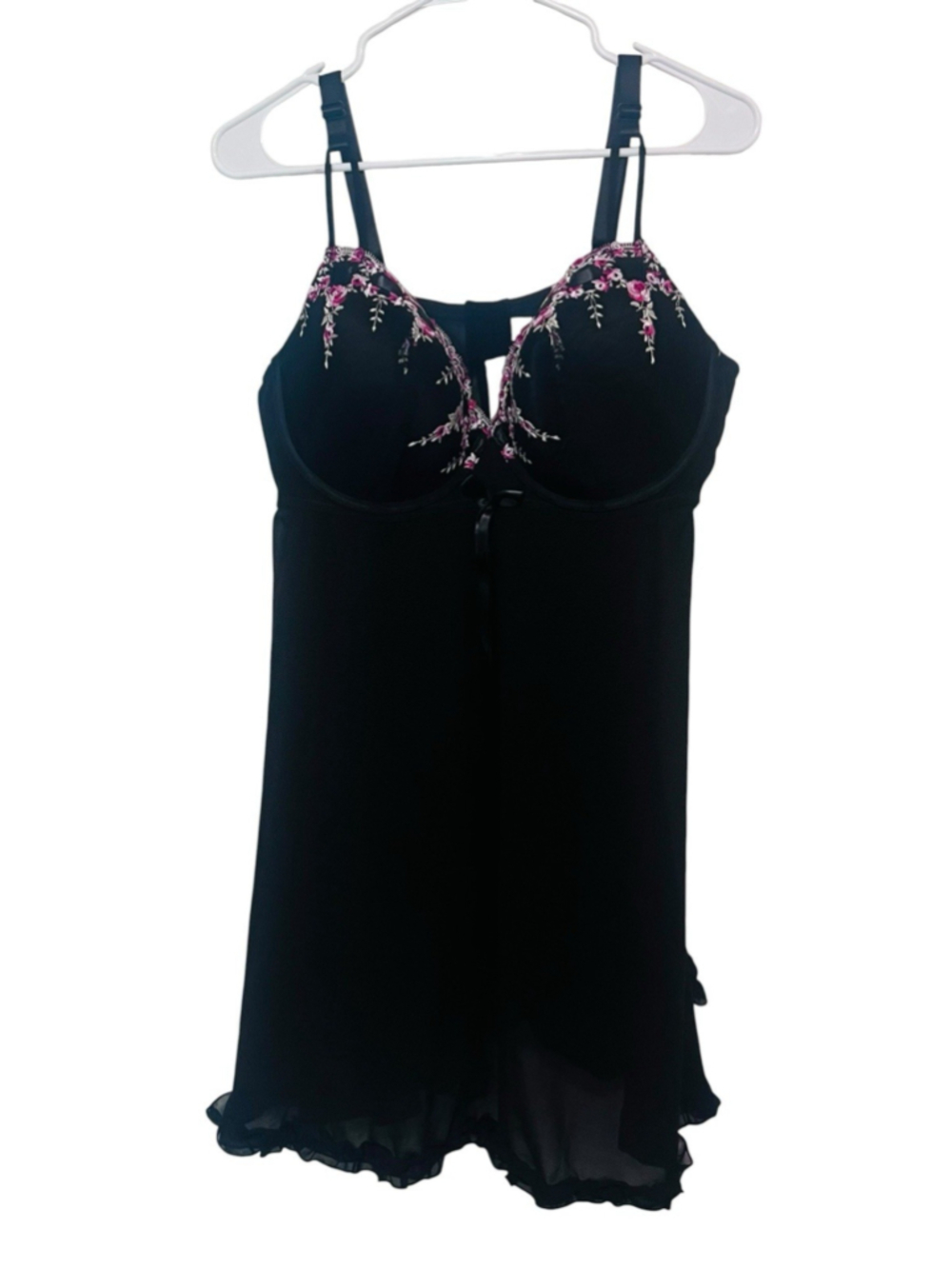 Cacique Black Chemise with Pink Floral Embroidery